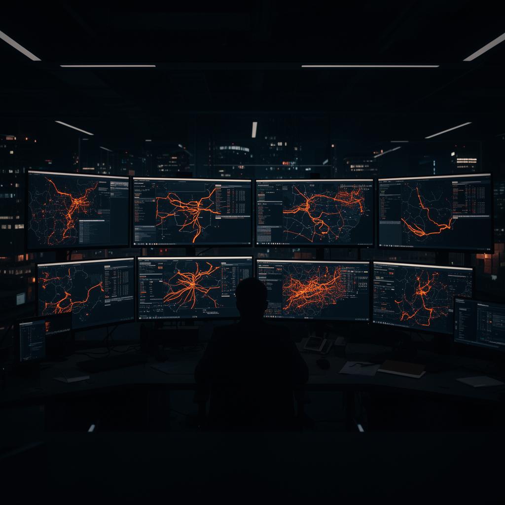 Salle de contrôle NeuroFleet avec écrans de suivi logistique